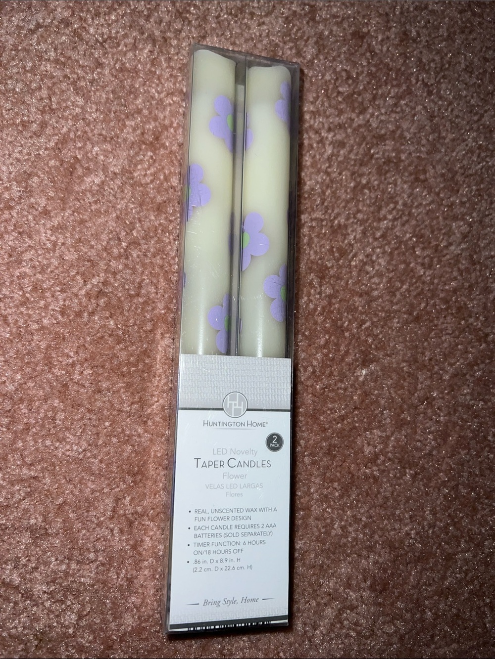 NIB 2pk purple Flower White LED Novelty Taper Candles